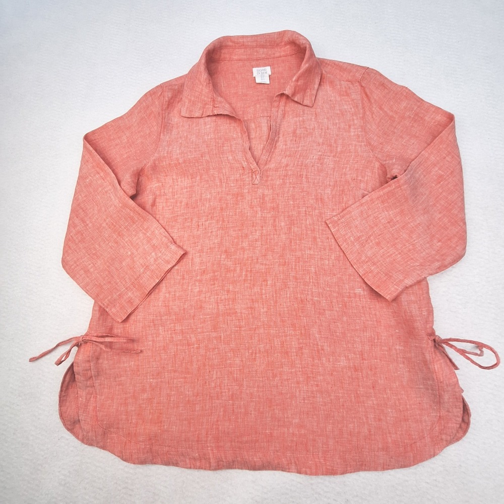 Sigrid Olsen Tunic Womens Small Coral Pink 100% Linen Side Tie 3/4 Sleeve Top